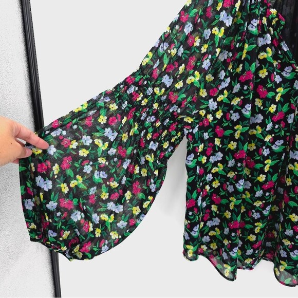 Ann Taylor Floral Balloon Sleeve Top XL Smocked Black Pink Chiffon Feminine - Picture 7 of 15